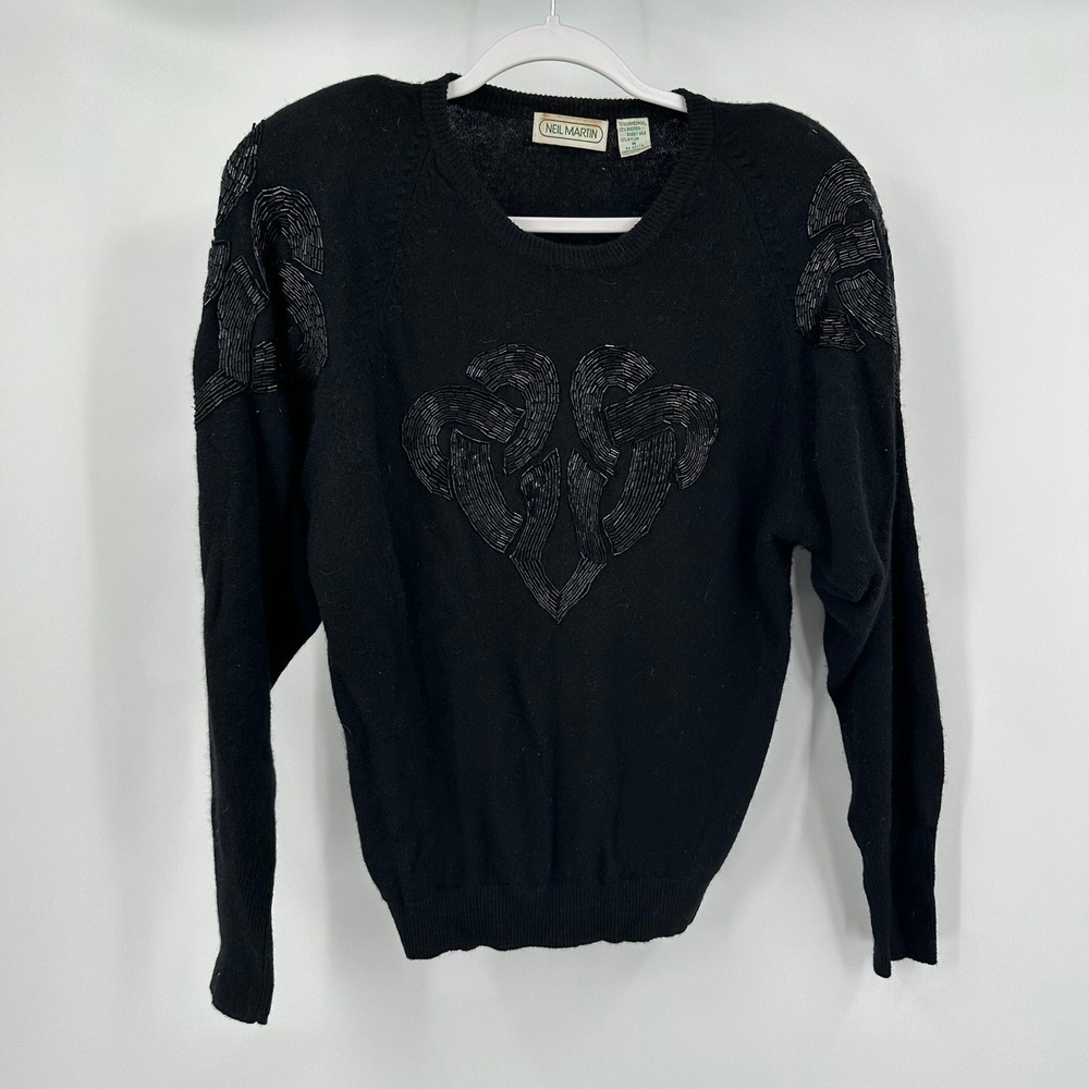 Neil Martin Womens Vintage Black Beaded Lambswool‎ Angora Gothic Sweater M